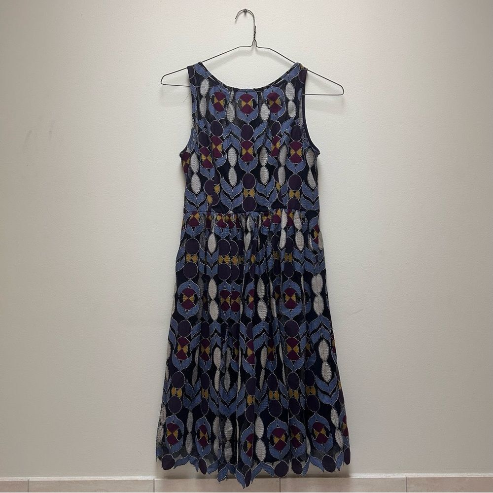 Anthropologie Maeve Navy Geometric Patterned Dress with Slip